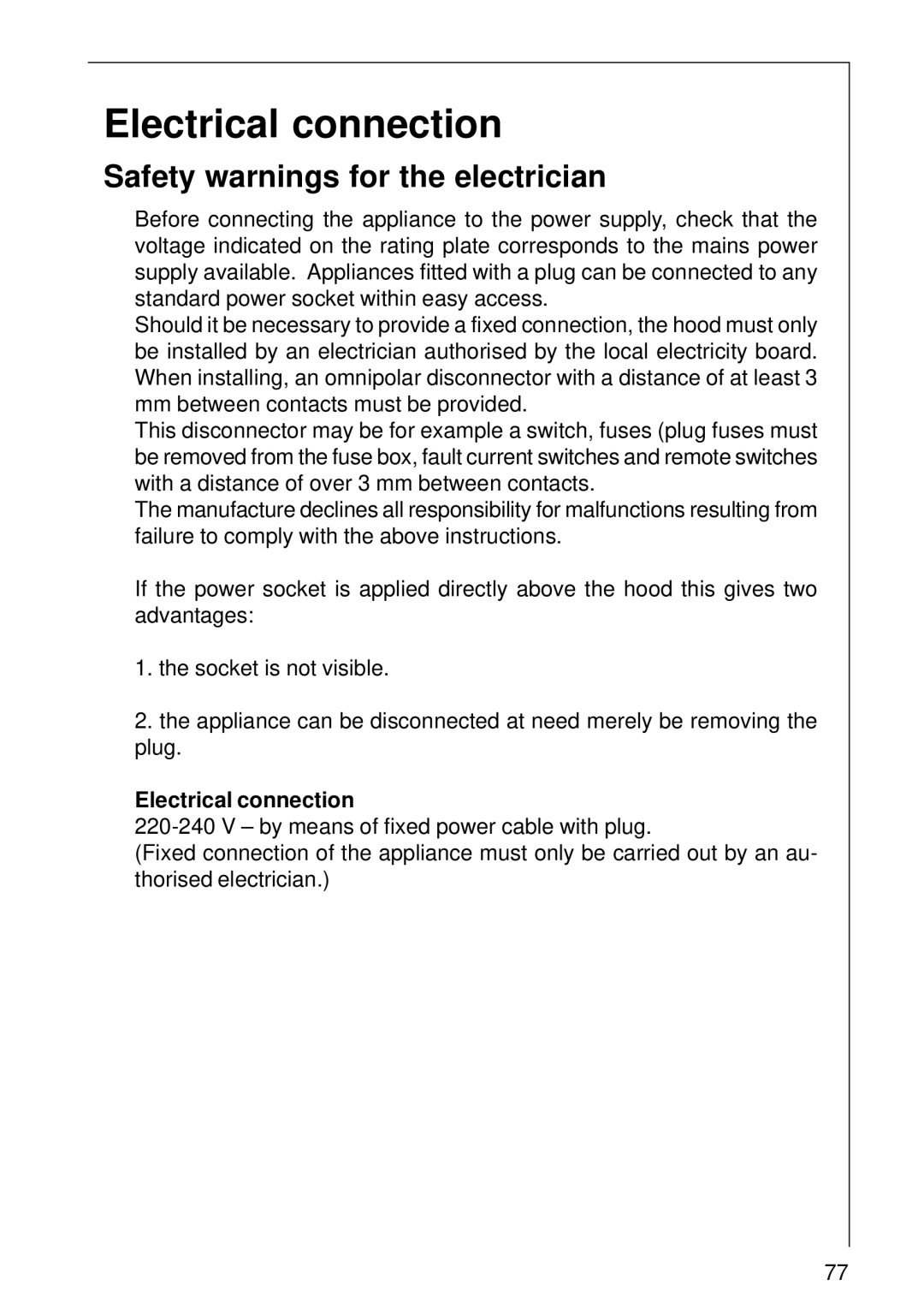 AEG DK 1160, DK 1190 installation instructions Electrical connection, Safety warnings for the electrician 