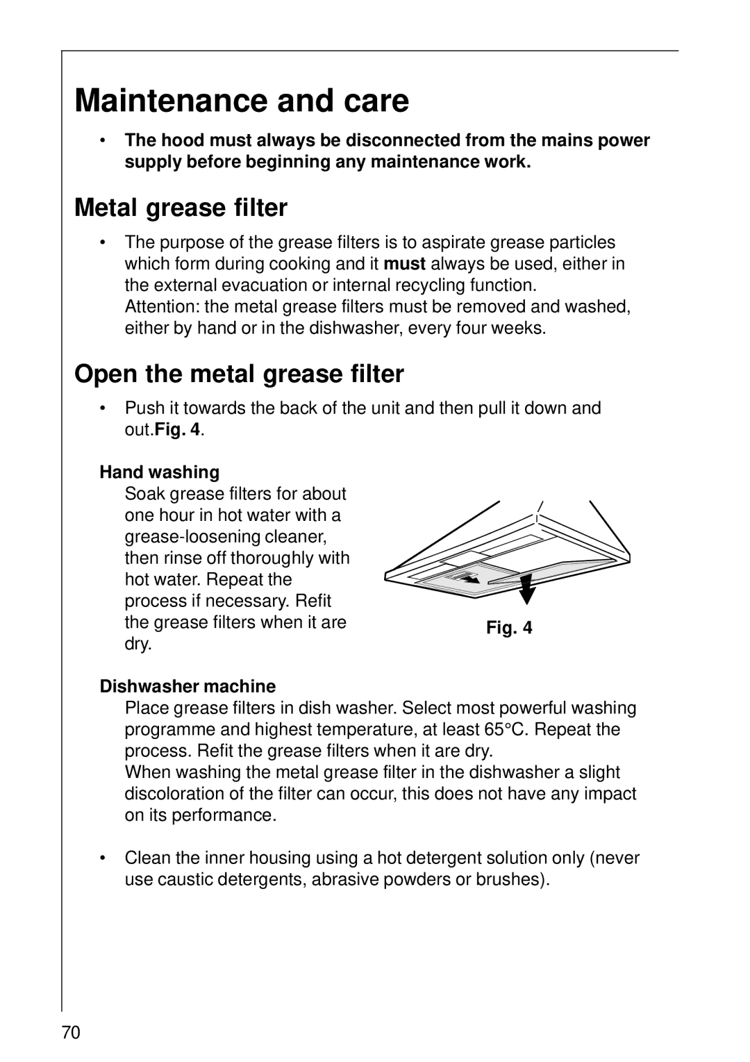 AEG DK 1190, DK 1160 installation instructions Maintenance and care, Metal grease filter, Open the metal grease filter 