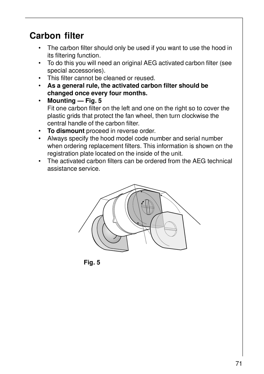 AEG DK 1160, DK 1190 installation instructions Carbon filter 