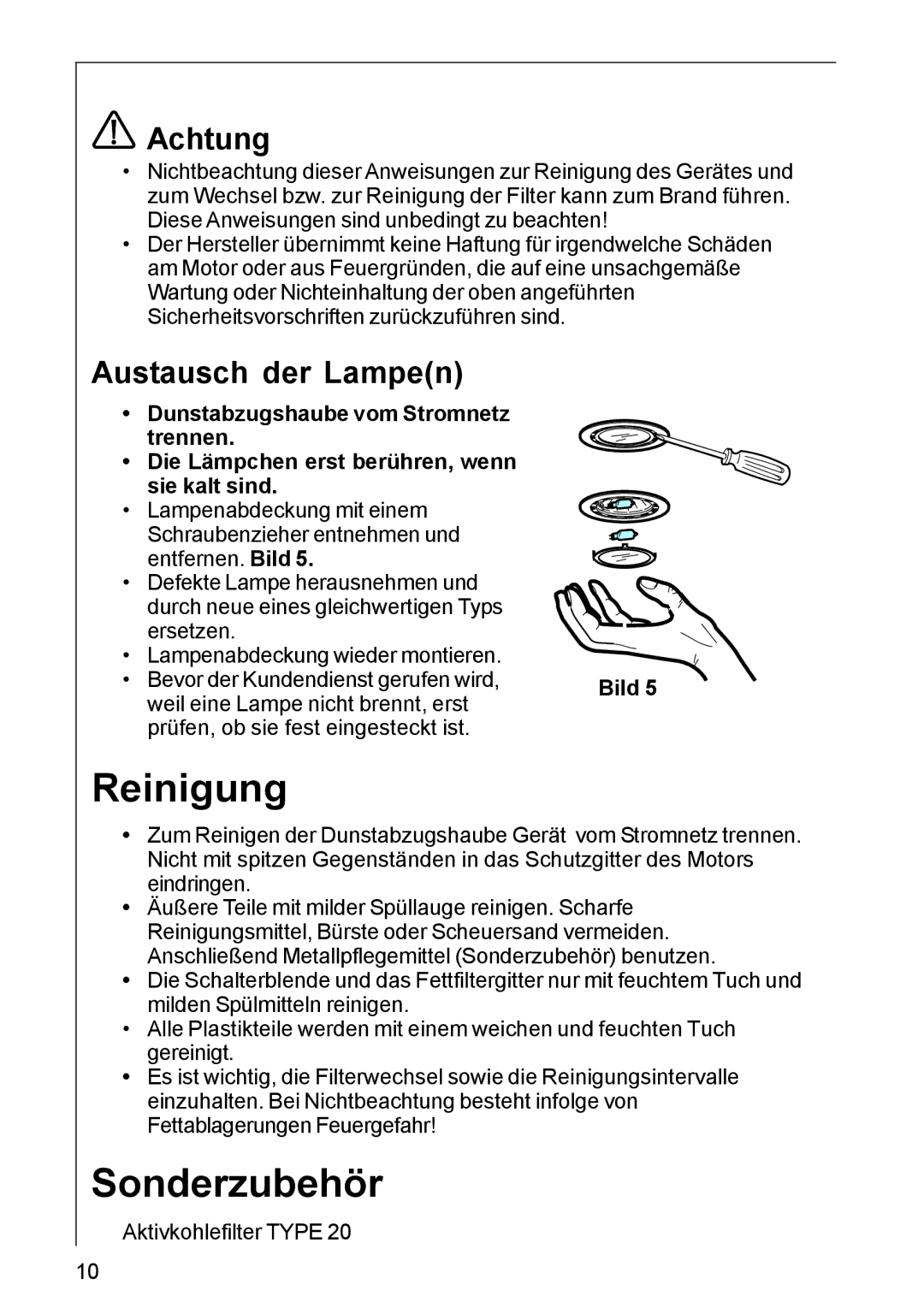 AEG DK 4390, DK 4360 user manual Reinigung, Sonderzubehör, Achtung, Austausch der Lampen 