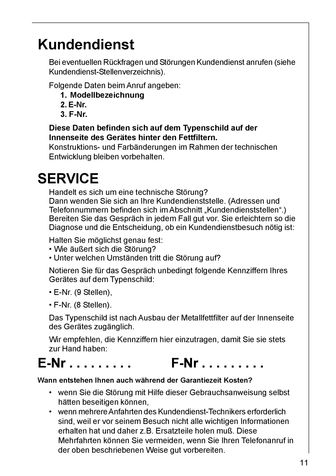 AEG DK 4360, DK 4390 user manual Kundendienst, Service 