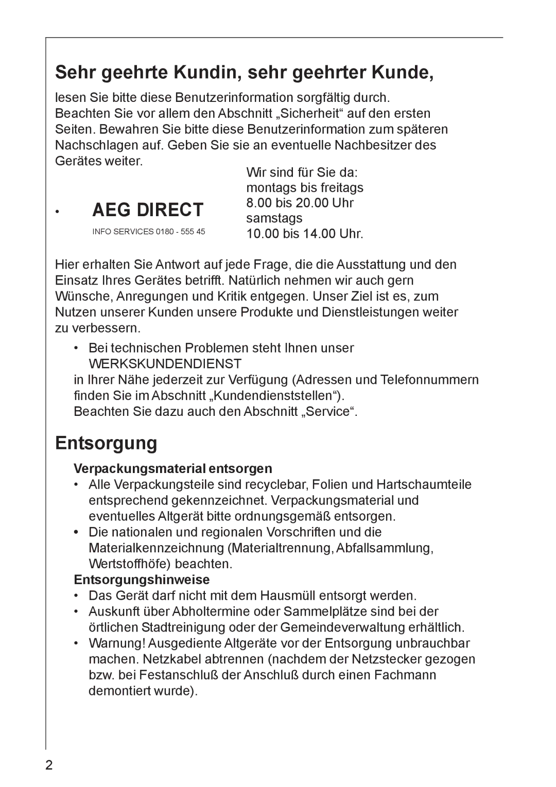 AEG DK 4390, DK 4360 Sehr geehrte Kundin, sehr geehrter Kunde, Verpackungsmaterial entsorgen, Entsorgungshinweise 