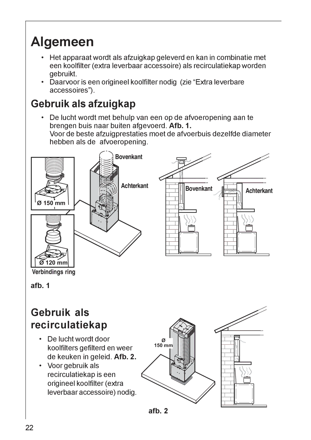 AEG DK 4390, DK 4360 user manual Algemeen, Gebruik als afzuigkap, Gebruik als recirculatiekap, Afb 