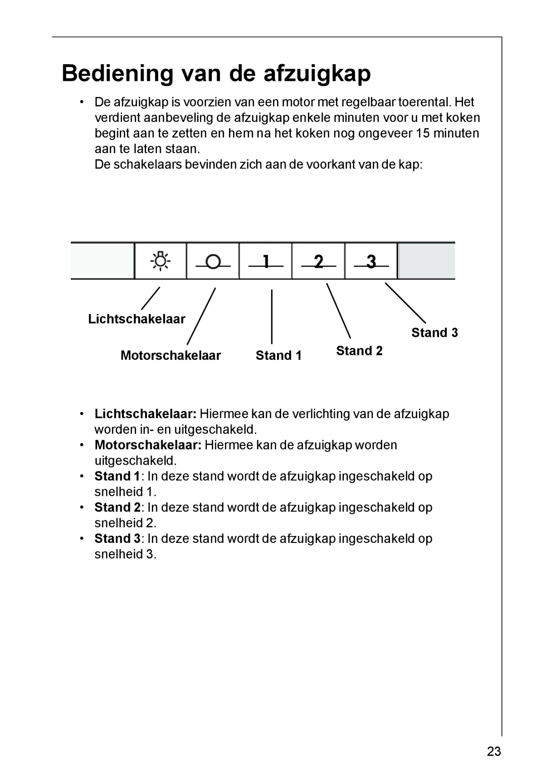 AEG DK 4360, DK 4390 user manual Bediening van de afzuigkap, Lichtschakelaar Stand Motorschakelaar 