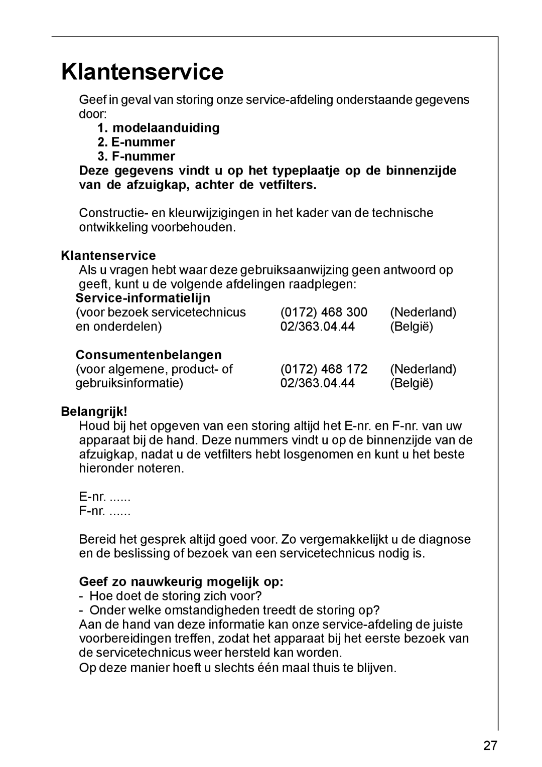 AEG DK 4360, DK 4390 user manual Klantenservice 