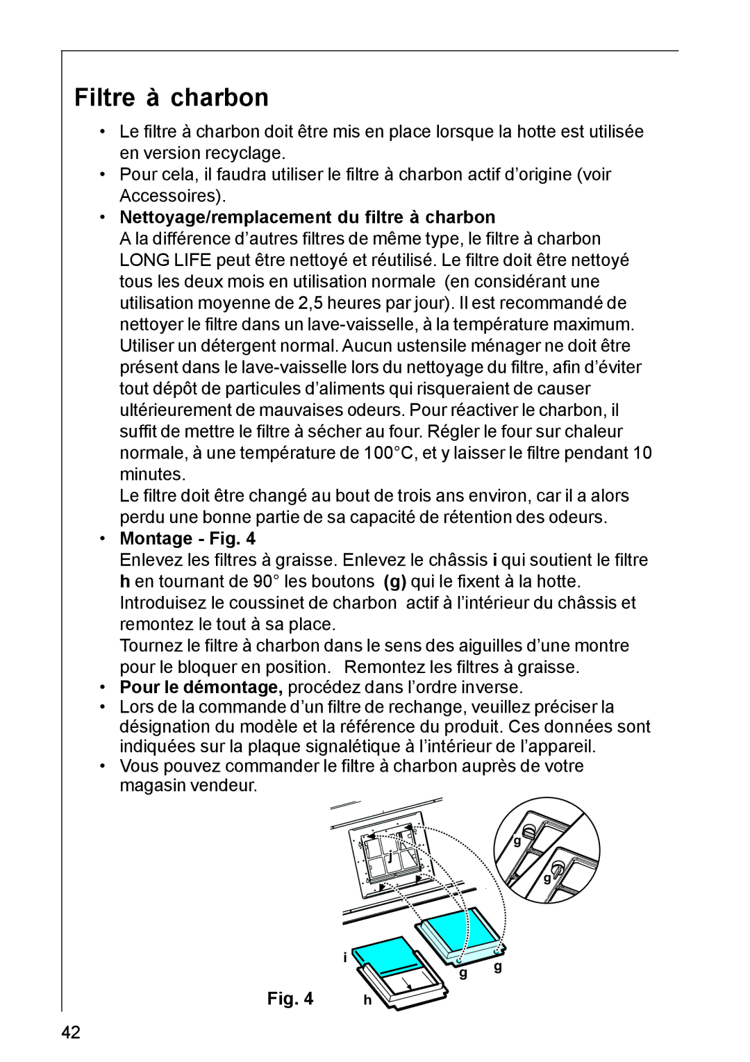 AEG DK 4390, DK 4360 user manual Filtre à charbon, Nettoyage/remplacement du filtre à charbon, Montage Fig 