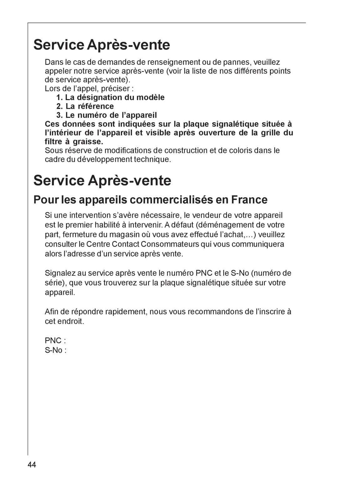 AEG DK 4390, DK 4360 user manual Service Après-vente, Pour les appareils commercialisés en France 