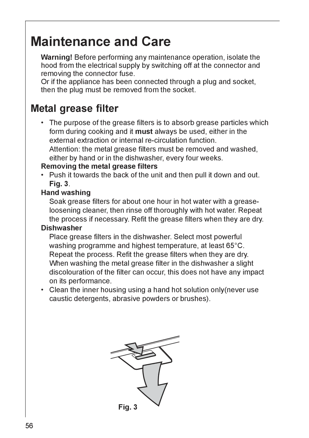 AEG DK 4390 Maintenance and Care, Metal grease filter, Removing the metal grease filters, Hand washing, Dishwasher 