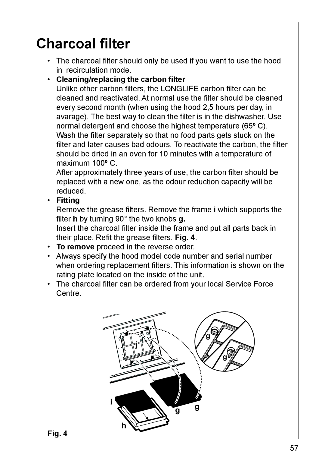 AEG DK 4360, DK 4390 user manual Charcoal filter, Cleaning/replacing the carbon filter, Fitting 