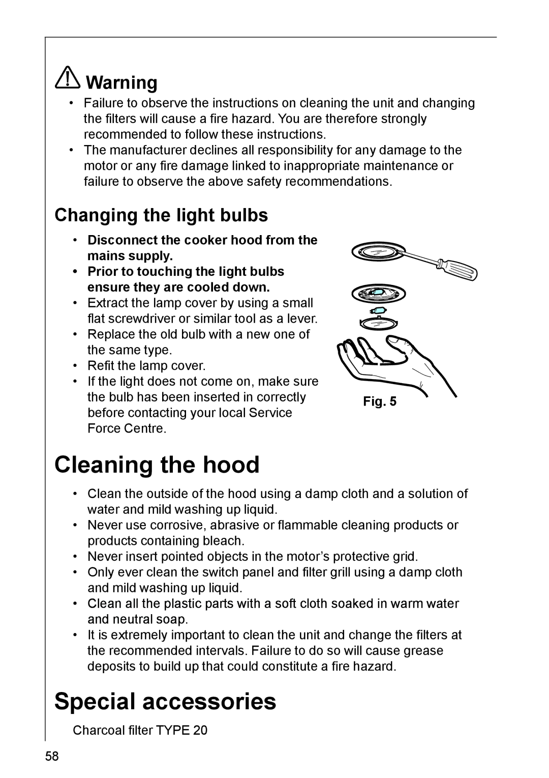 AEG DK 4390, DK 4360 user manual Cleaning the hood, Special accessories, Changing the light bulbs 