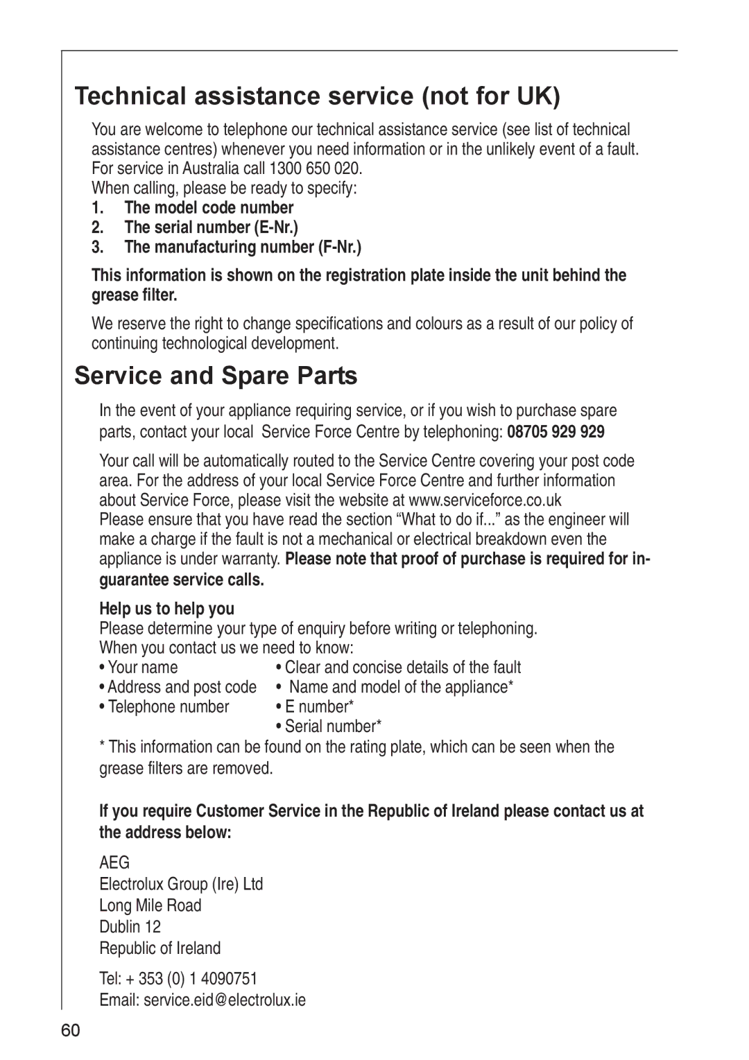 AEG DK 4390, DK 4360 user manual Technical assistance service not for UK, Service and Spare Parts 