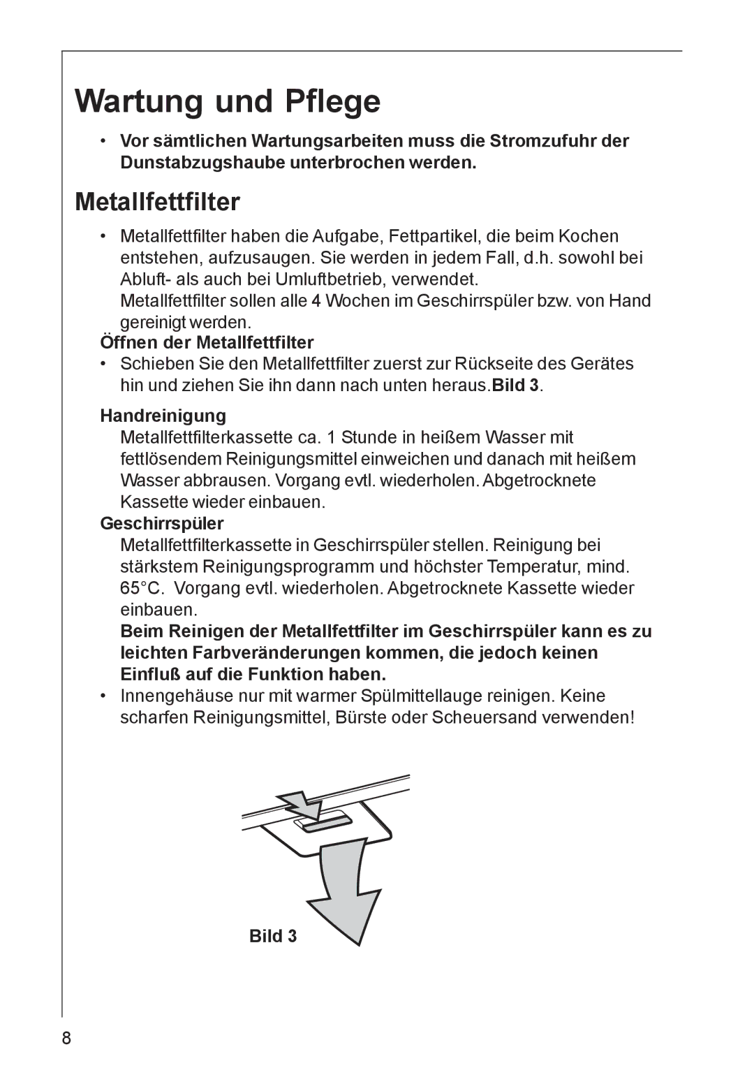 AEG DK 4390, DK 4360 user manual Wartung und Pflege, Öffnen der Metallfettfilter, Handreinigung, Geschirrspüler 