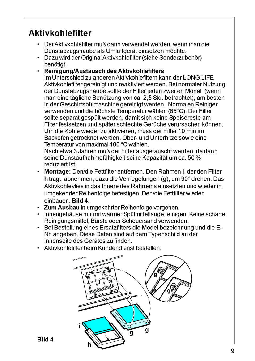 AEG DK 4360, DK 4390 user manual Reinigung/Austausch des Aktivkohlefilters 