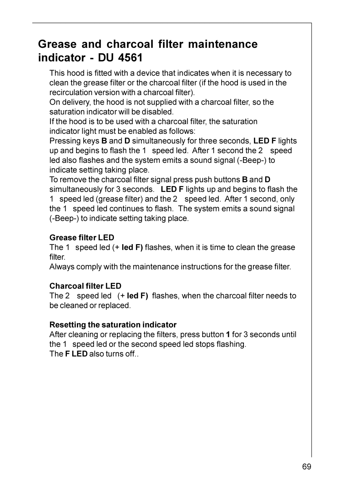 AEG DU 4161, DU 3160, DU 4561, DU 3360, DU 3150, DU 4360, DU 4361 Grease and charcoal filter maintenance indicator DU 