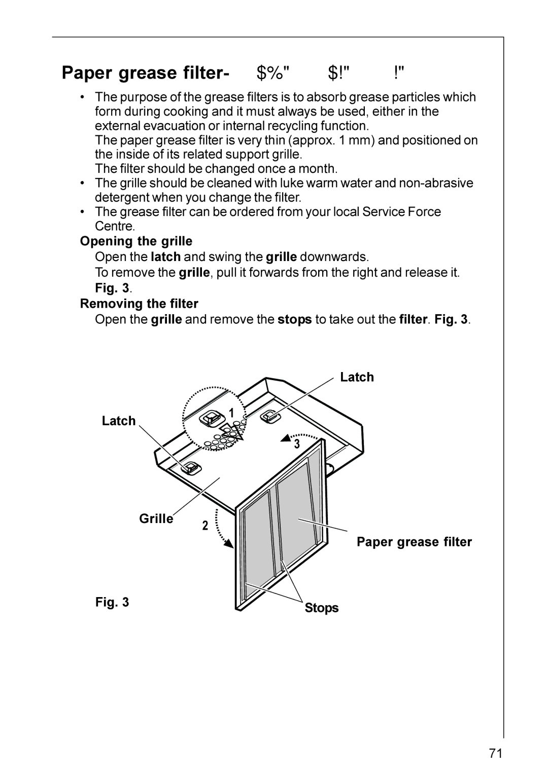 AEG DU 4360, DU 4561, DU 3360, DU 4161, DU 4361 installation instructions Paper grease filter- DU 3150 DU 3160 DU 