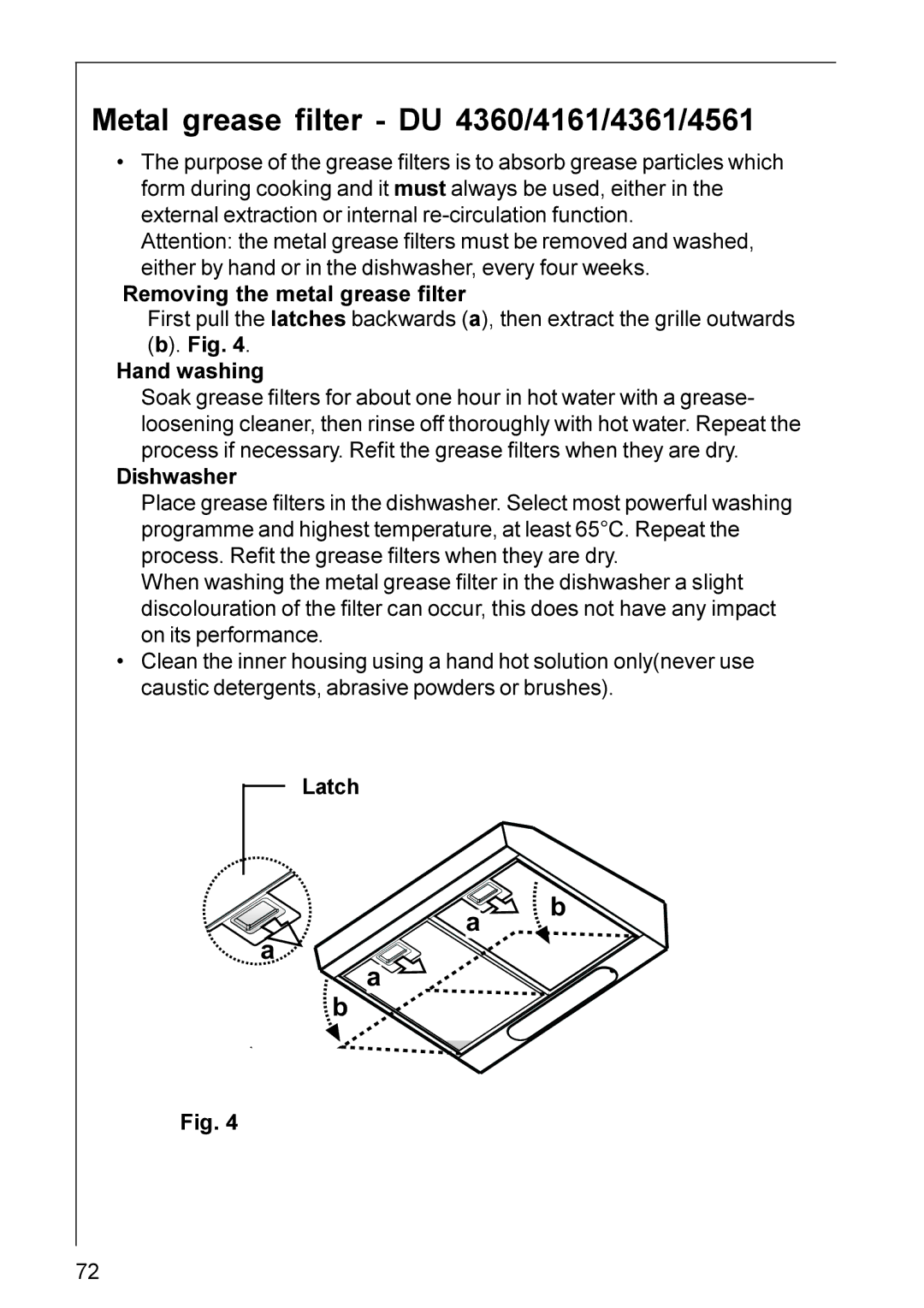 AEG DU 4361, DU 3160, DU 4561, DU 3360, DU 4161, DU 3150 installation instructions Metal grease filter DU 4360/4161/4361/4561 