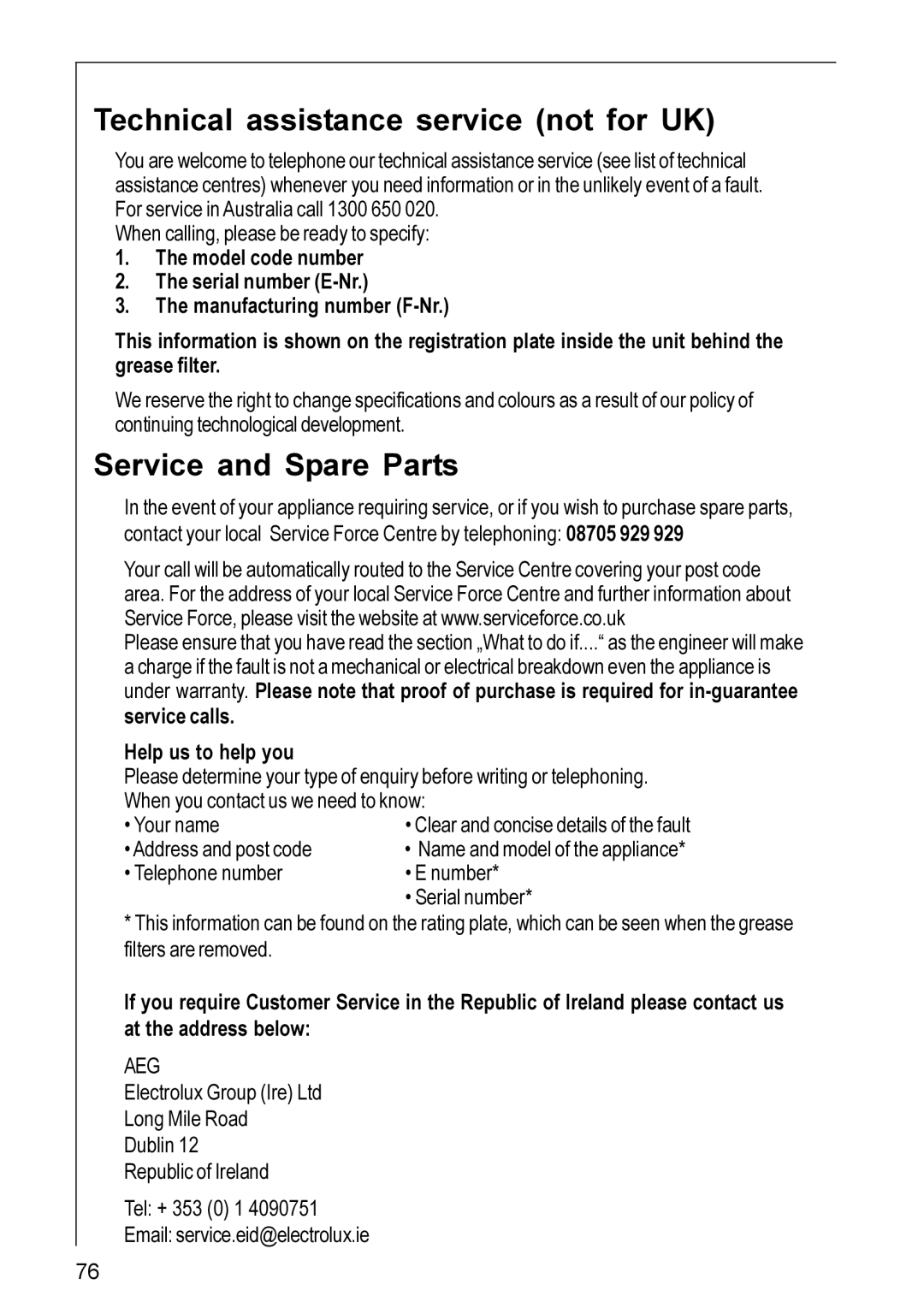 AEG DU 4161, DU 3160, DU 4561, DU 3360, DU 3150, DU 4360 Technical assistance service not for UK, Service and Spare Parts 