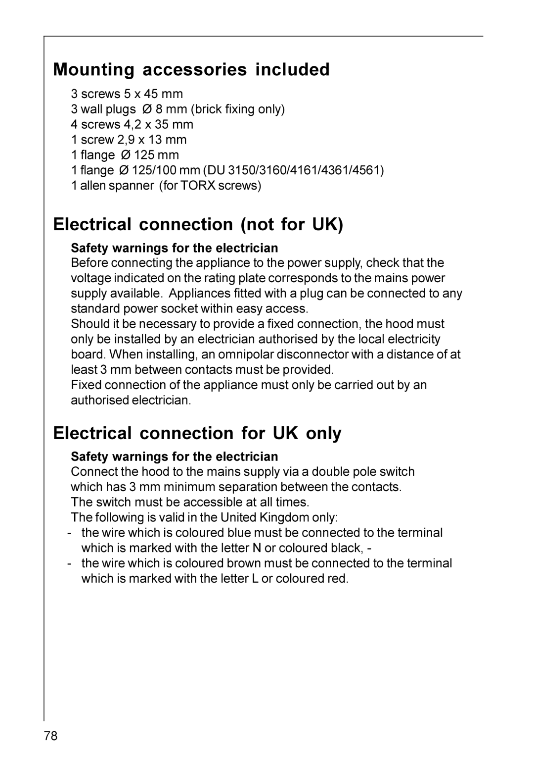 AEG DU 4360, DU 3160 Mounting accessories included, Electrical connection not for UK, Electrical connection for UK only 