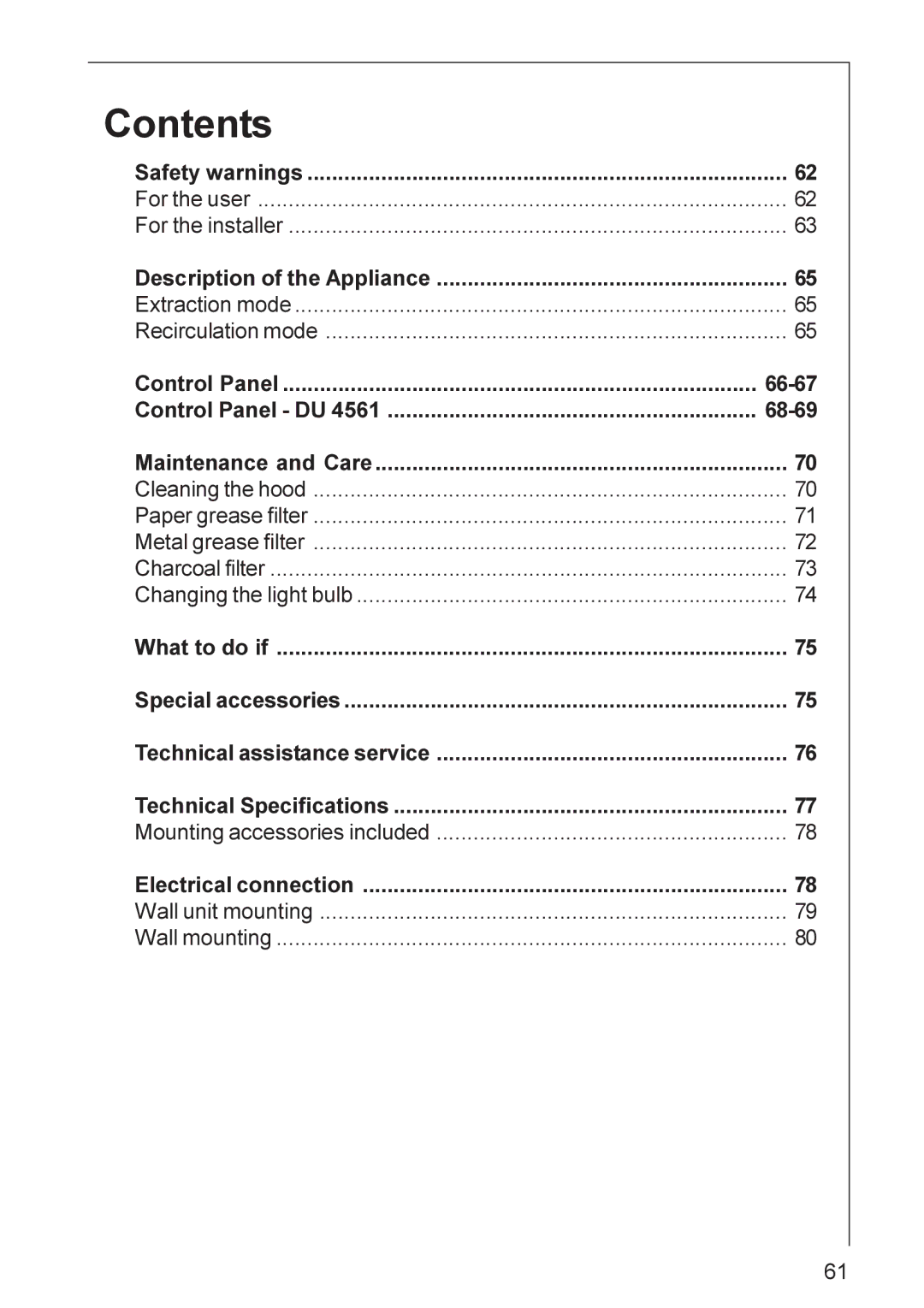 AEG DU 3360, DU 3160, DU 4561, DU 4161, DU 3150, DU 4360, DU 4361 installation instructions Contents 