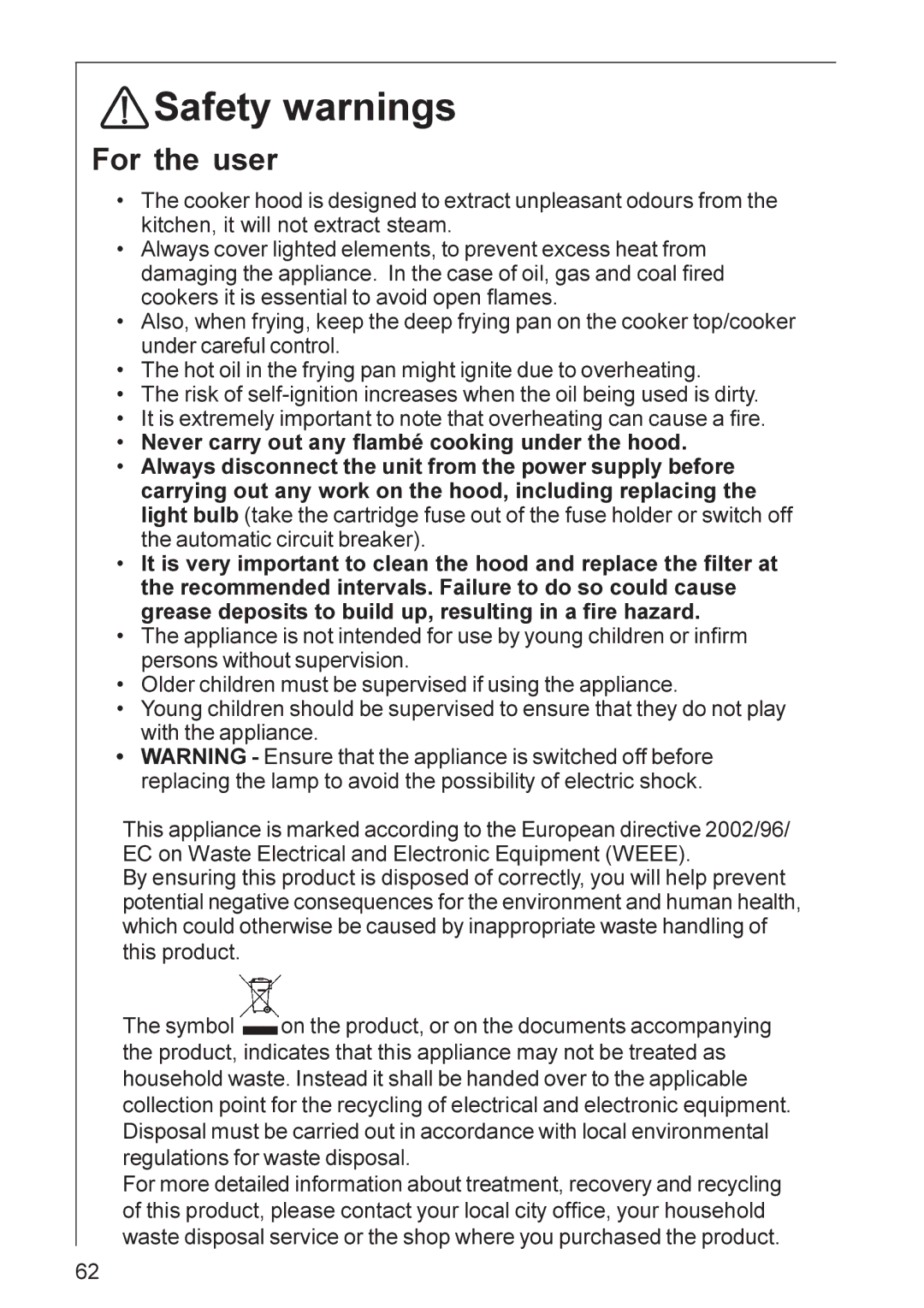 AEG DU 4161, DU 3160, DU 4561, DU 3360, DU 3150, DU 4360, DU 4361 installation instructions Safety warnings, For the user 