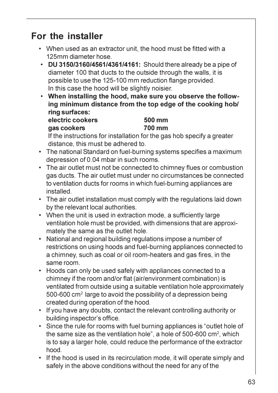 AEG DU 3150, DU 3160, DU 4561, DU 3360, DU 4161, DU 4360, DU 4361 installation instructions For the installer 