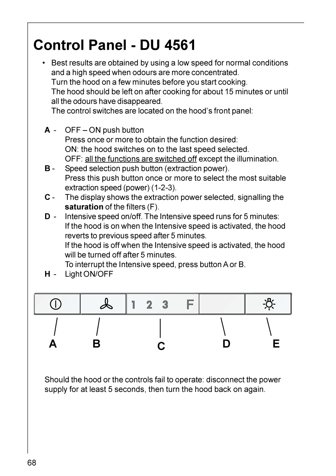 AEG DU 3360, DU 3160, DU 4561, DU 4161, DU 3150, DU 4360, DU 4361 installation instructions Control Panel DU, C D E 