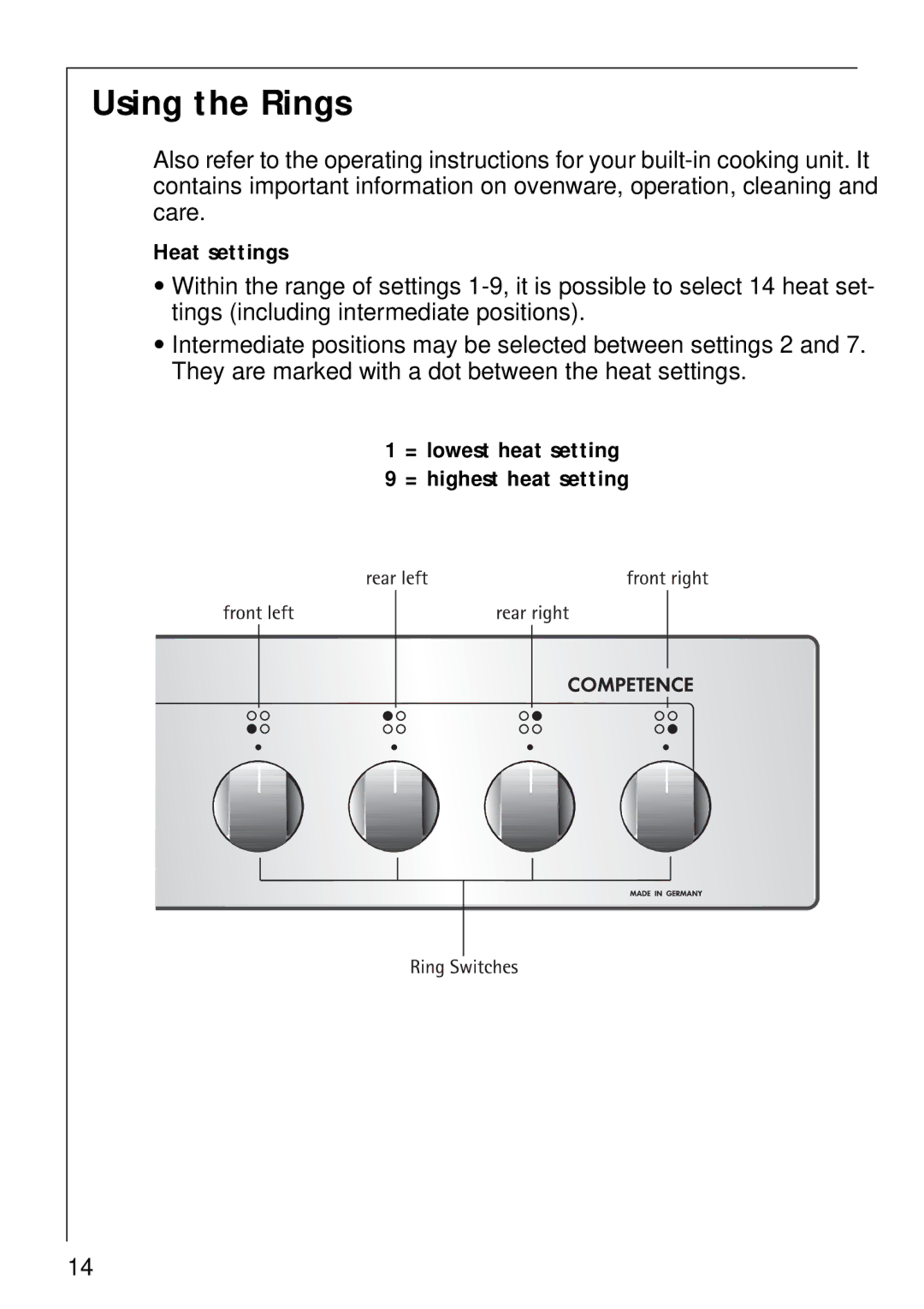 AEG E3000-1 manual Using the Rings, Heat settings, = lowest heat setting = highest heat setting 