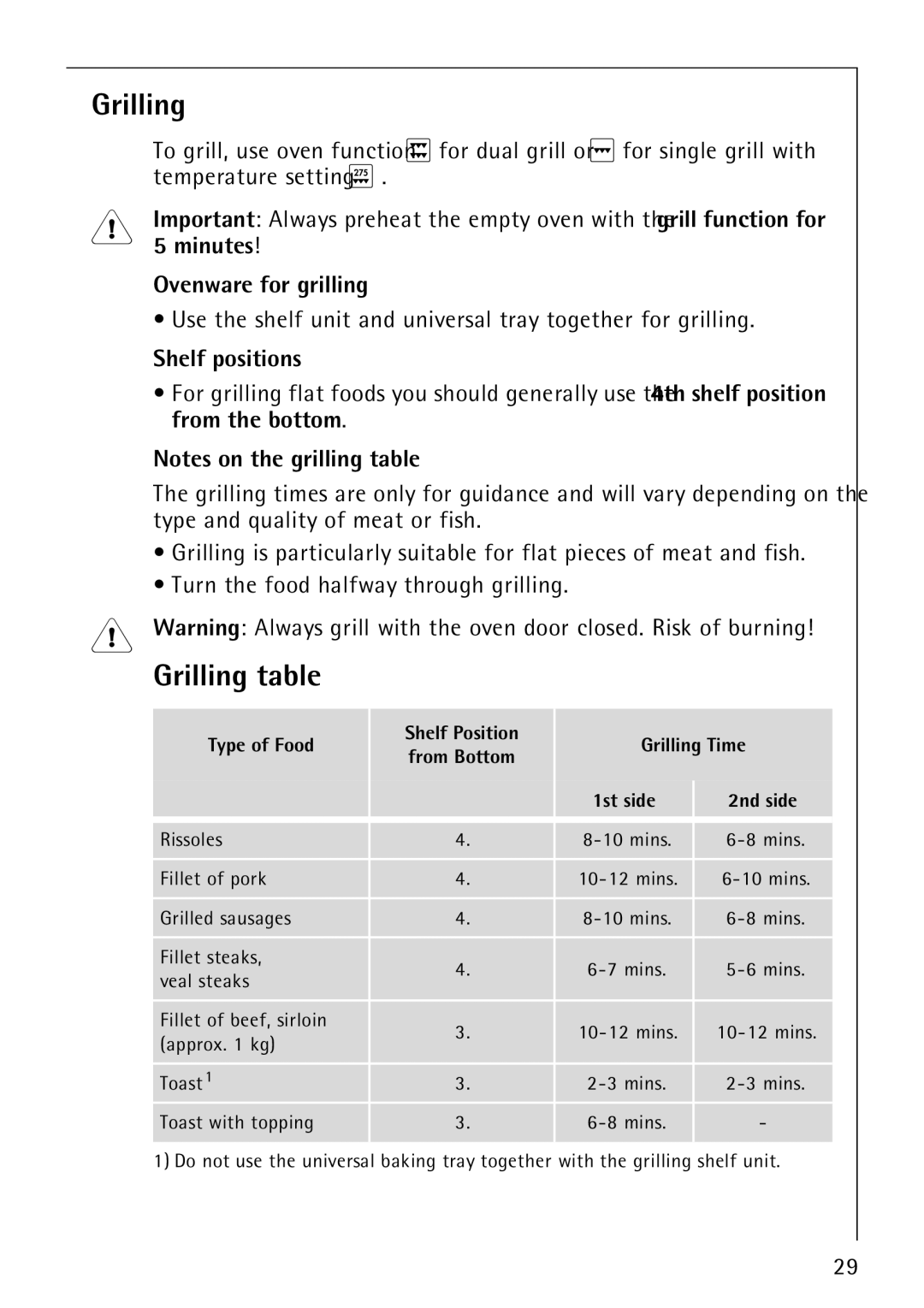 AEG E3000-1 Grilling table, Minutes, Use the shelf unit and universal tray together for grilling, From the bottom 