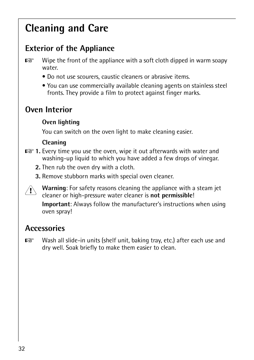 AEG E3000-1 manual Cleaning and Care, Exterior of the Appliance, Oven Interior, Accessories 