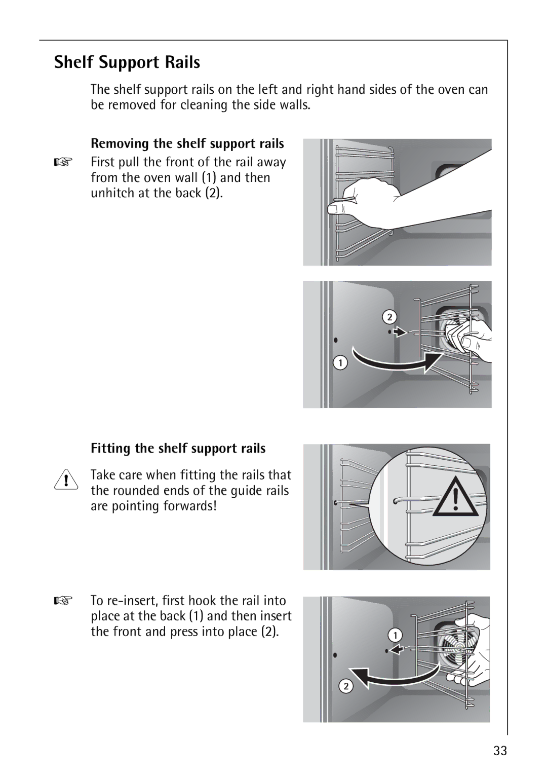 AEG E3000-1 Shelf Support Rails, Removing the shelf support rails, Fitting the shelf support rails, Are pointing forwards 