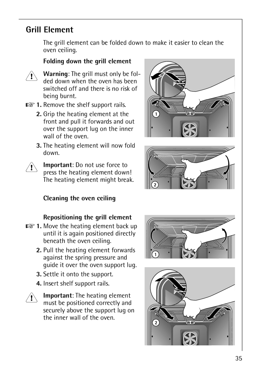 AEG E3000-1 manual Grill Element, Folding down the grill element, Cleaning the oven ceiling Repositioning the grill element 