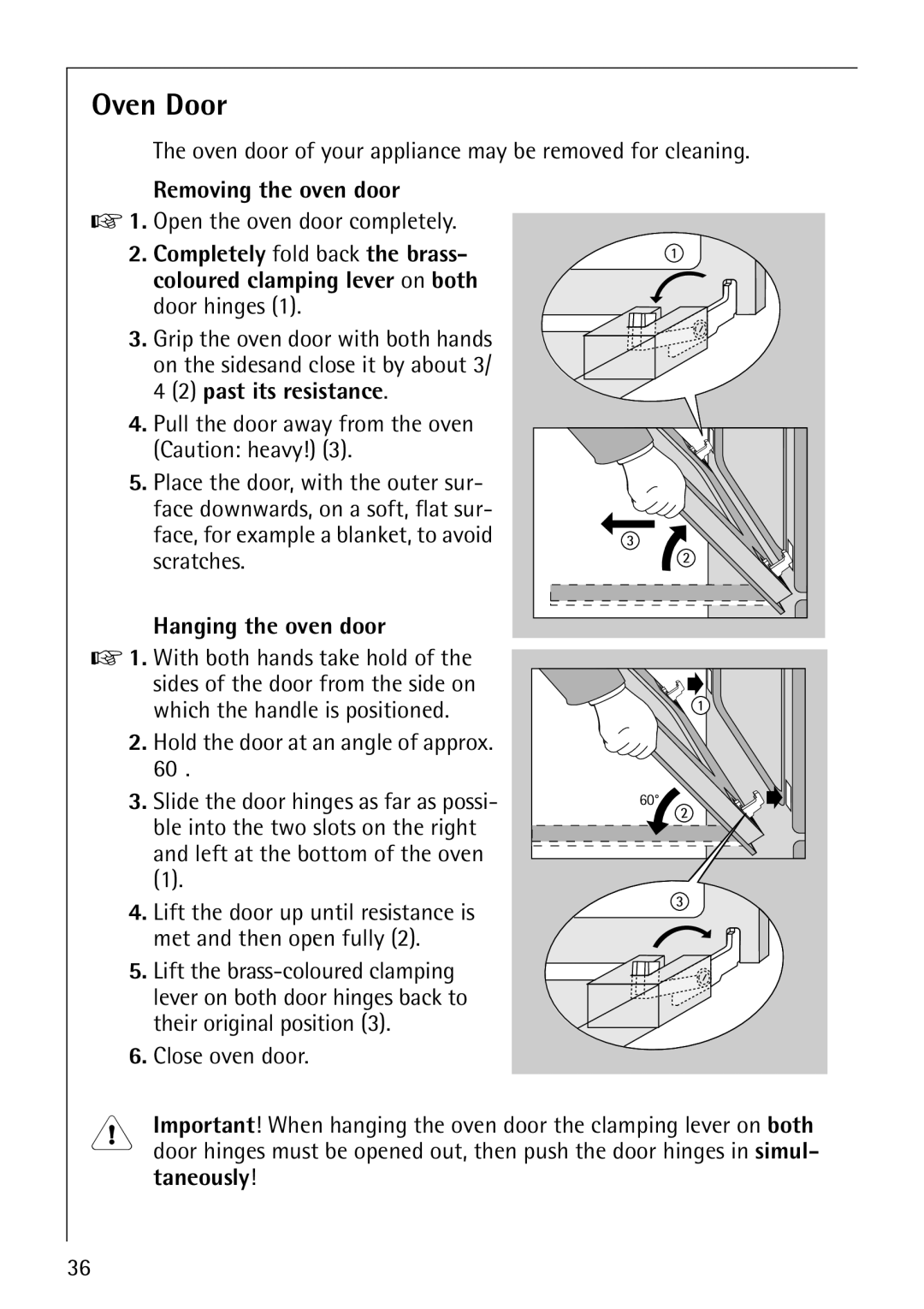 AEG E3000-1 manual Oven Door, Removing the oven door, Hanging the oven door 