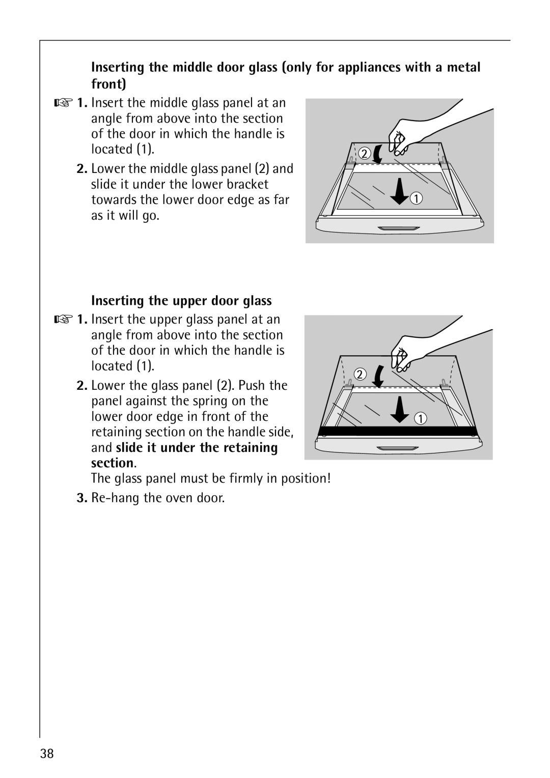 AEG E3000-1 manual Inserting the upper door glass, Section 