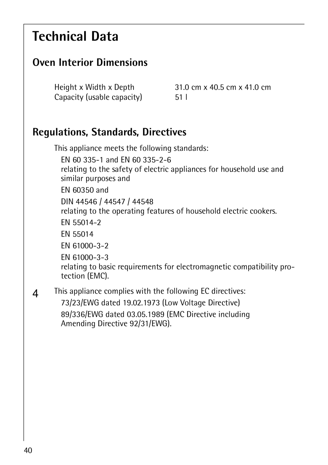 AEG E3000-1 manual Technical Data, Oven Interior Dimensions, Regulations, Standards, Directives, Height x Width x Depth 