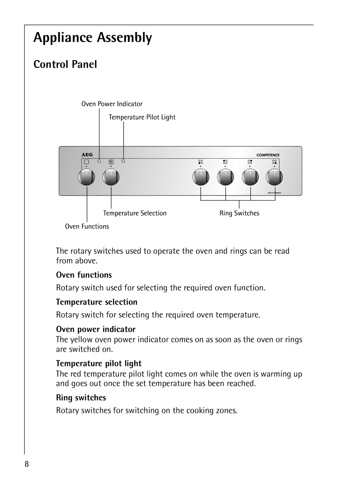 AEG E3000-1 manual Appliance Assembly, Control Panel 