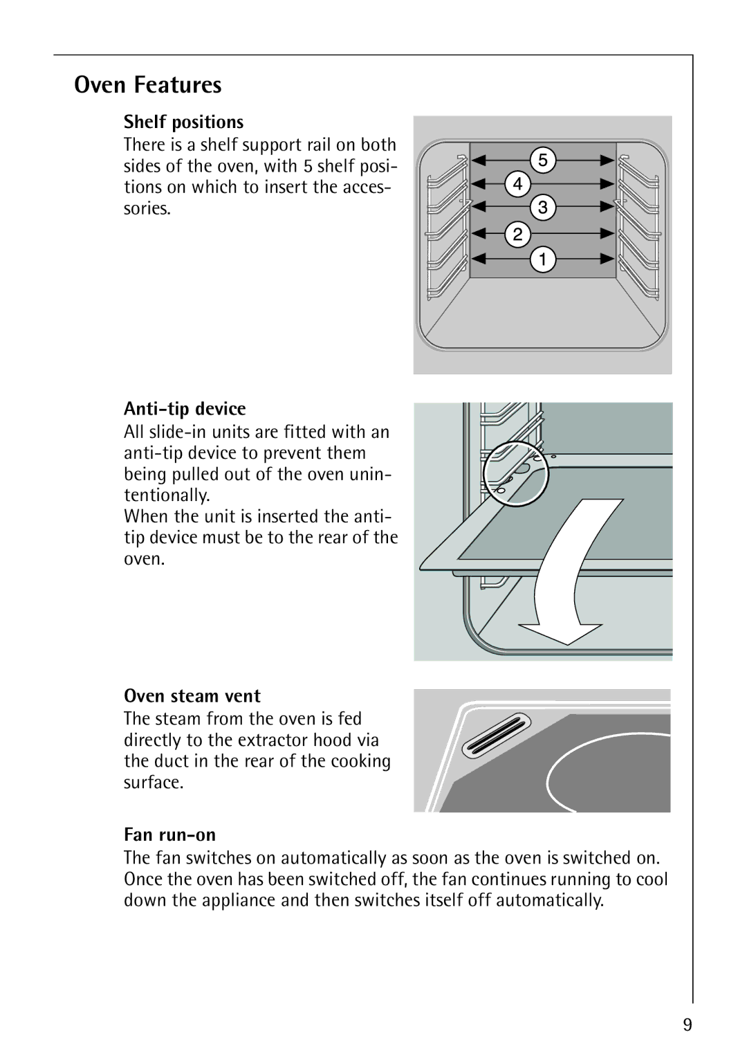 AEG E3000-1 manual Oven Features, Shelf positions, Anti-tip device, Oven steam vent, Fan run-on 