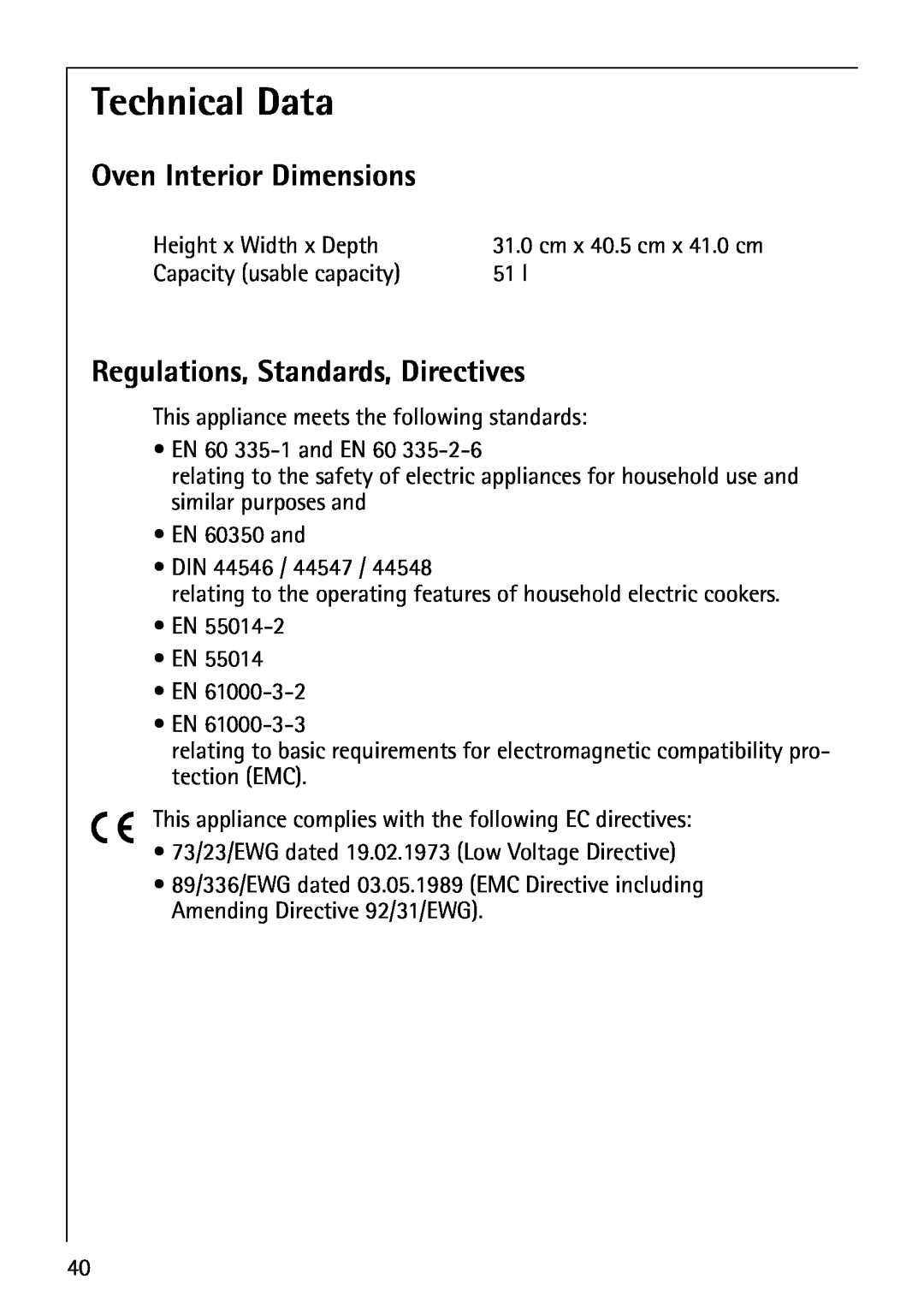 AEG E3000-1 manual Technical Data, Oven Interior Dimensions, Regulations, Standards, Directives 
