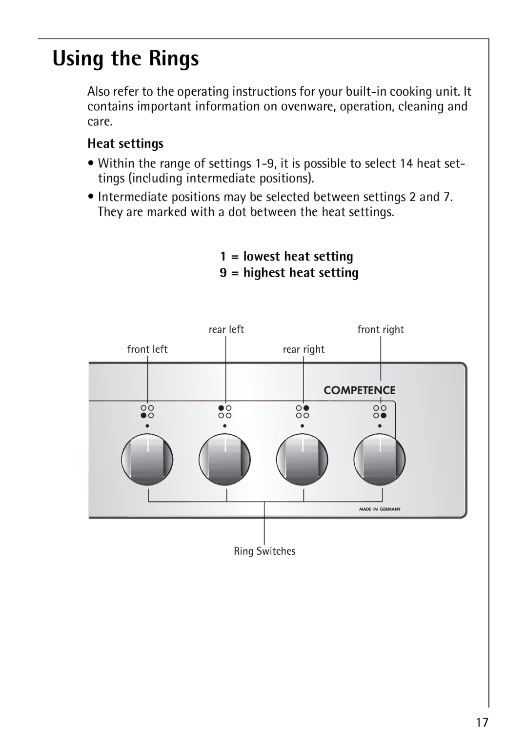 AEG E3100-1 manual Using the Rings, Heat settings, = lowest heat setting = highest heat setting 