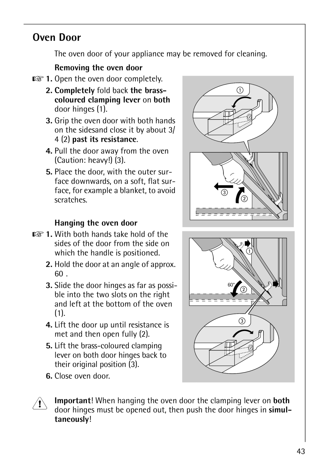 AEG E3100-1 manual Oven Door, Removing the oven door, Hanging the oven door 