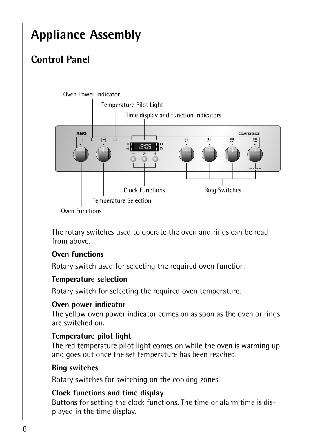 AEG E3100-1 manual Appliance Assembly, Control Panel 