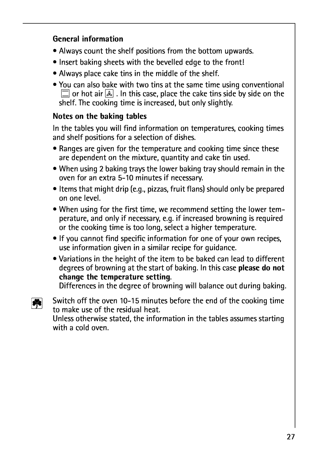 AEG E3100-1 manual General information, Notes on the baking tables 