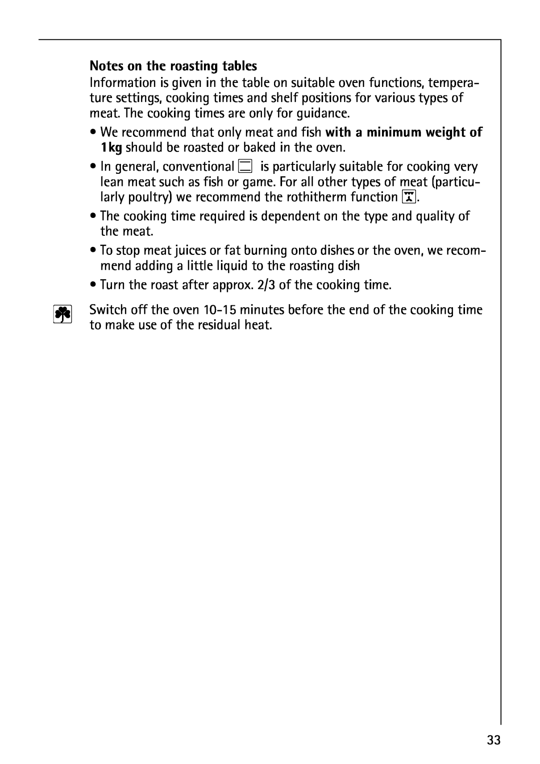 AEG E3100-1 manual Notes on the roasting tables 