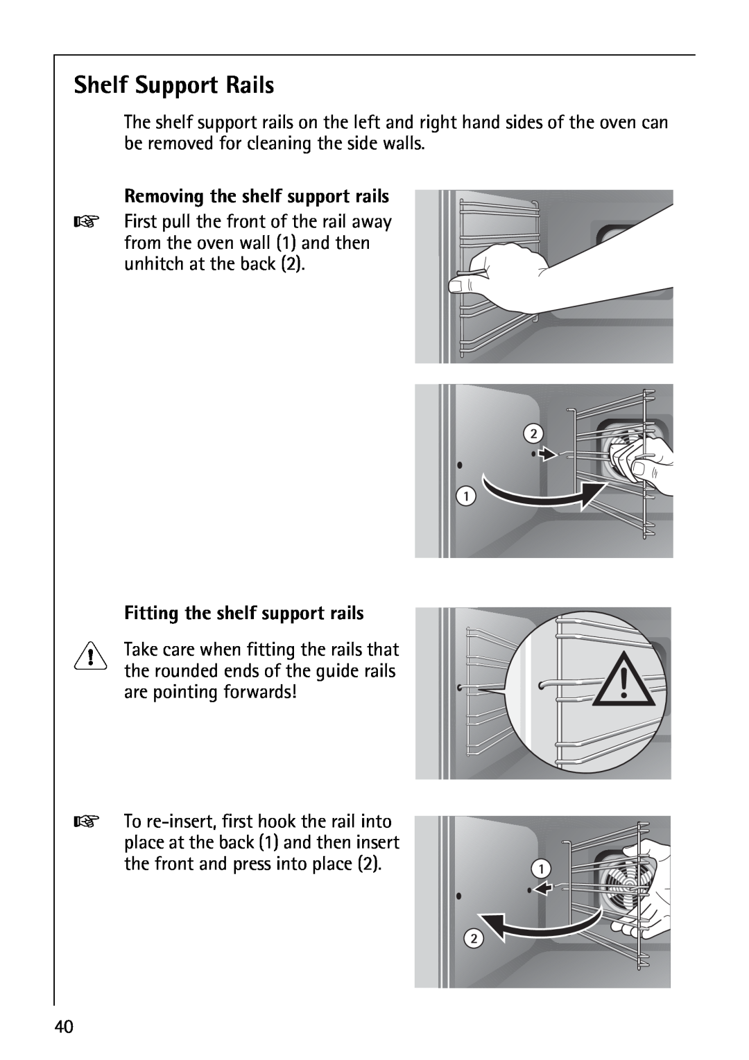 AEG E3100-1 manual Shelf Support Rails, Removing the shelf support rails, Fitting the shelf support rails 