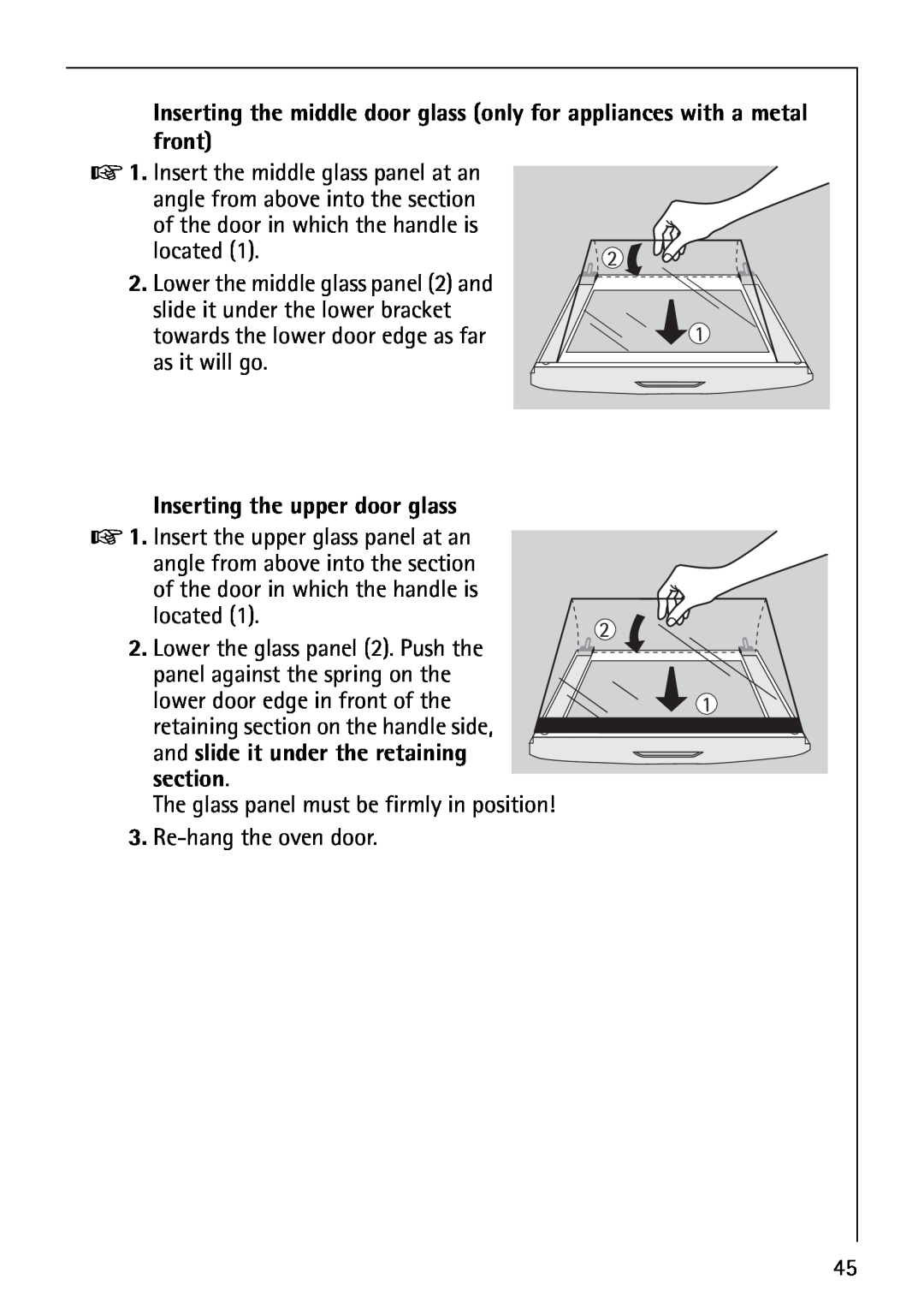 AEG E3100-1 manual Inserting the upper door glass, section 