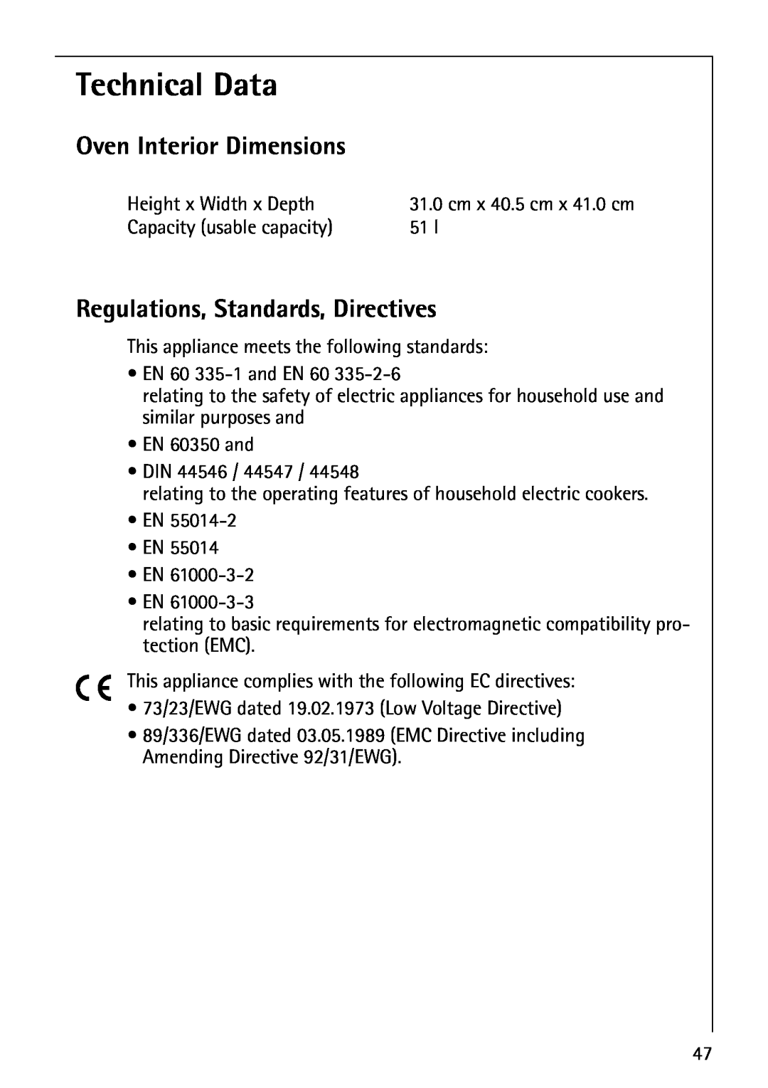AEG E3100-1 manual Technical Data, Oven Interior Dimensions, Regulations, Standards, Directives 