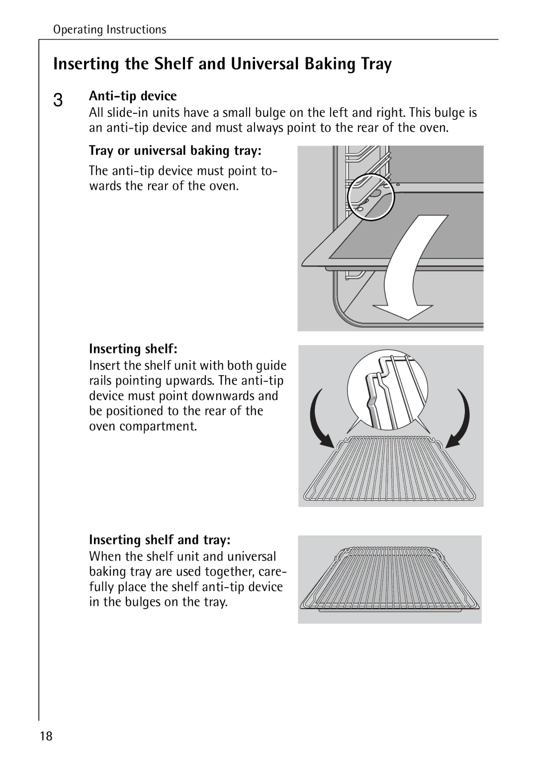 AEG E4100-1 Inserting the Shelf and Universal Baking Tray, Anti-tip device, Tray or universal baking tray, Inserting shelf 