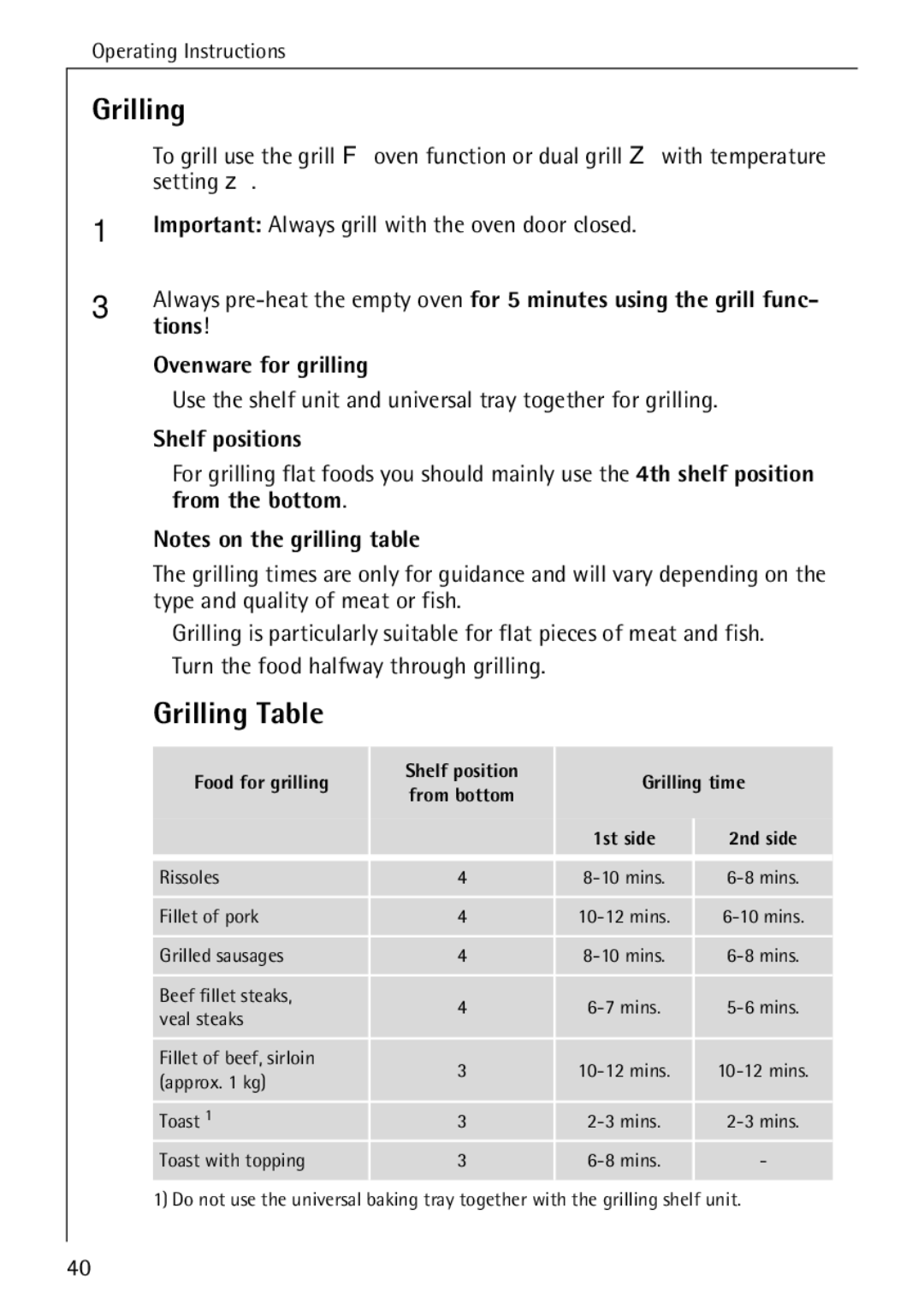 AEG E4100-1 manual Grilling Table, Tions, Use the shelf unit and universal tray together for grilling, From the bottom 