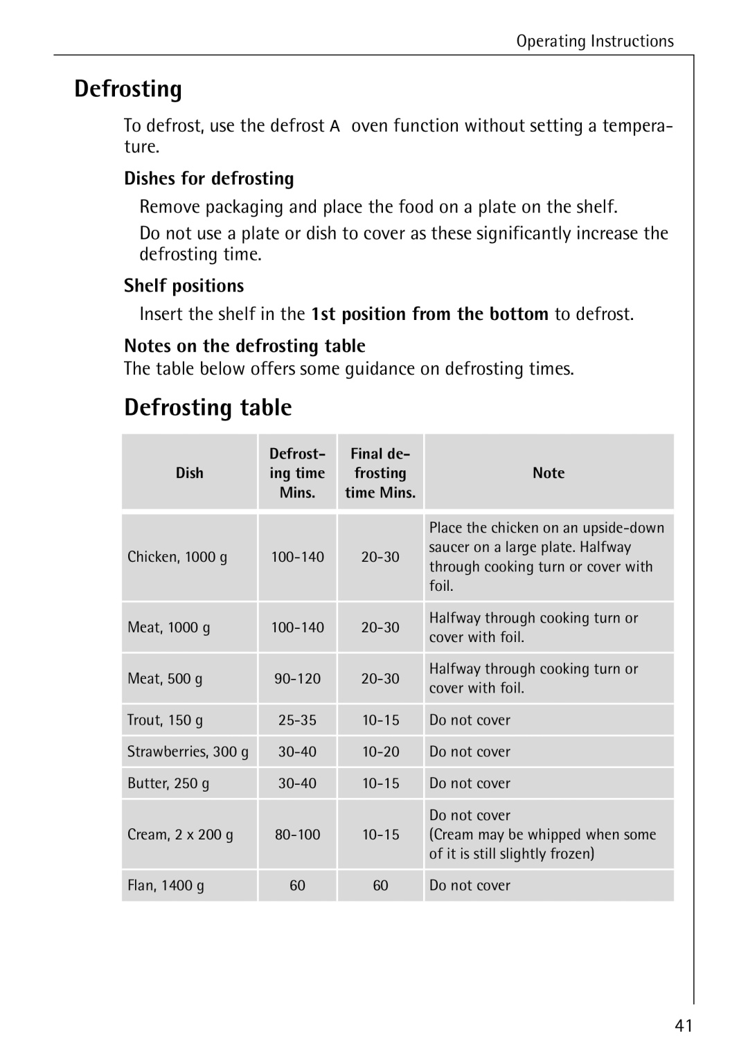 AEG E4100-1 manual Defrosting table, Dishes for defrosting, Defrost Final de Dish 