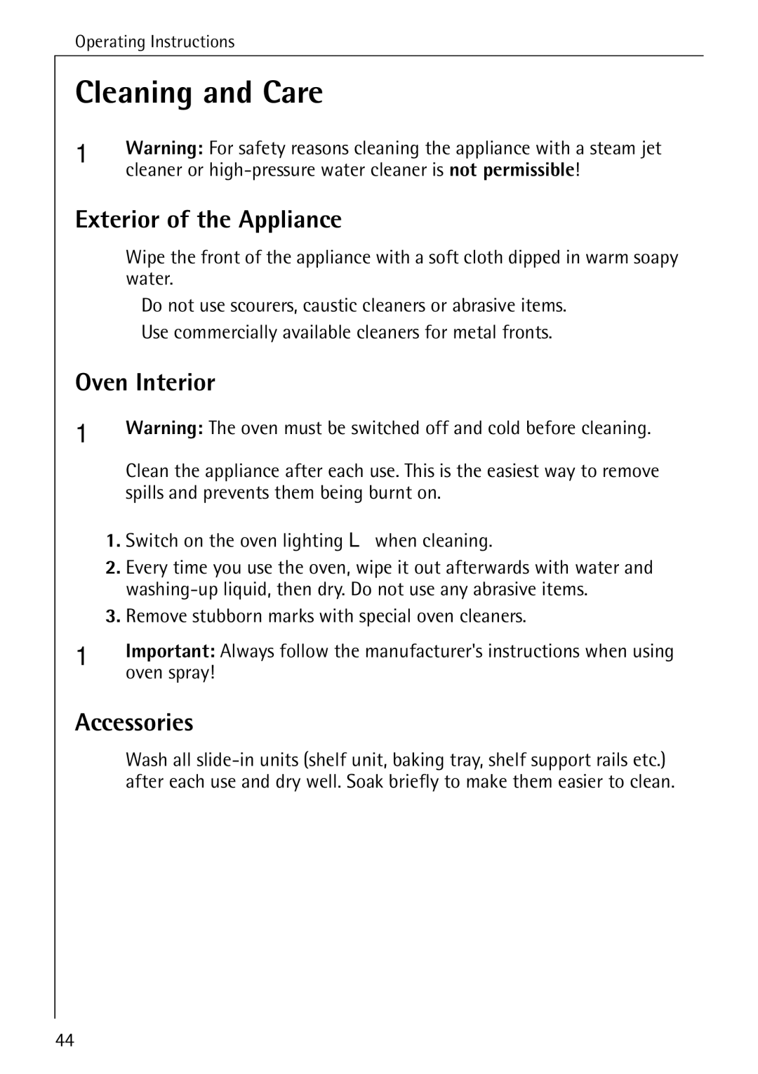 AEG E4100-1 manual Cleaning and Care, Exterior of the Appliance, Oven Interior, Accessories 