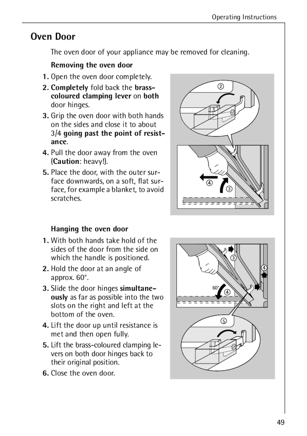 AEG E4100-1 manual Oven Door, Removing the oven door, Hanging the oven door 